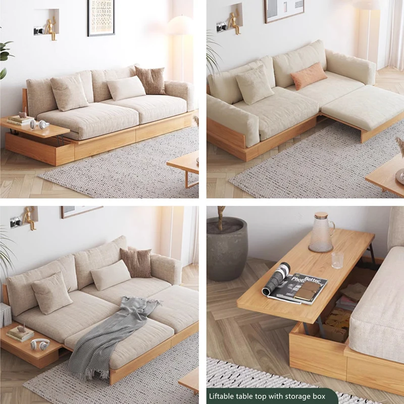 Japandi-Sofabett aus Massivholz mit anhebbarer Armlehne und Aufbewahrungsbox