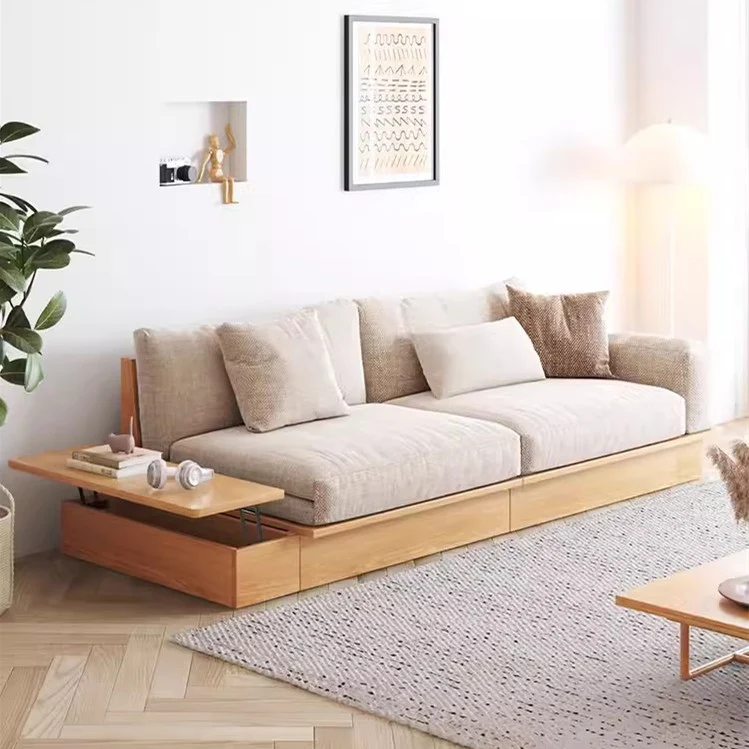 Japandi-Sofabett aus Massivholz mit anhebbarer Armlehne und Aufbewahrungsbox