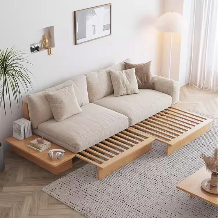 Japandi-Sofabett aus Massivholz mit anhebbarer Armlehne und Aufbewahrungsbox