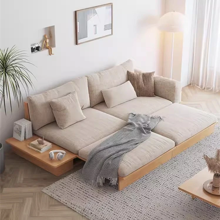 Japandi-Sofabett aus Massivholz mit anhebbarer Armlehne und Aufbewahrungsbox