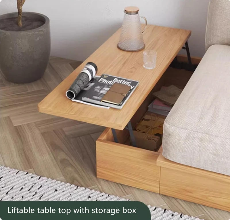 Japandi-Sofabett aus Massivholz mit anhebbarer Armlehne und Aufbewahrungsbox