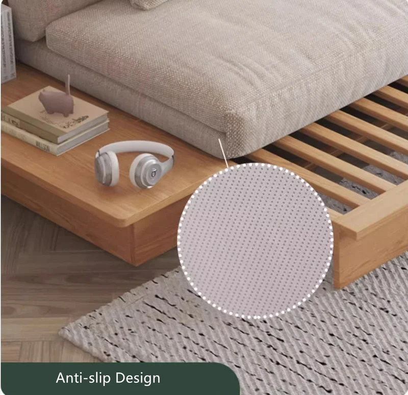 Japandi-Sofabett aus Massivholz mit anhebbarer Armlehne und Aufbewahrungsbox