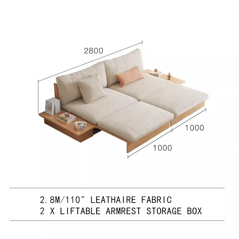 Japandi-Sofabett aus Massivholz mit anhebbarer Armlehne und Aufbewahrungsbox