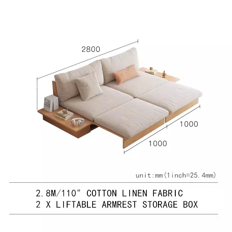 Japandi-Sofabett aus Massivholz mit anhebbarer Armlehne und Aufbewahrungsbox