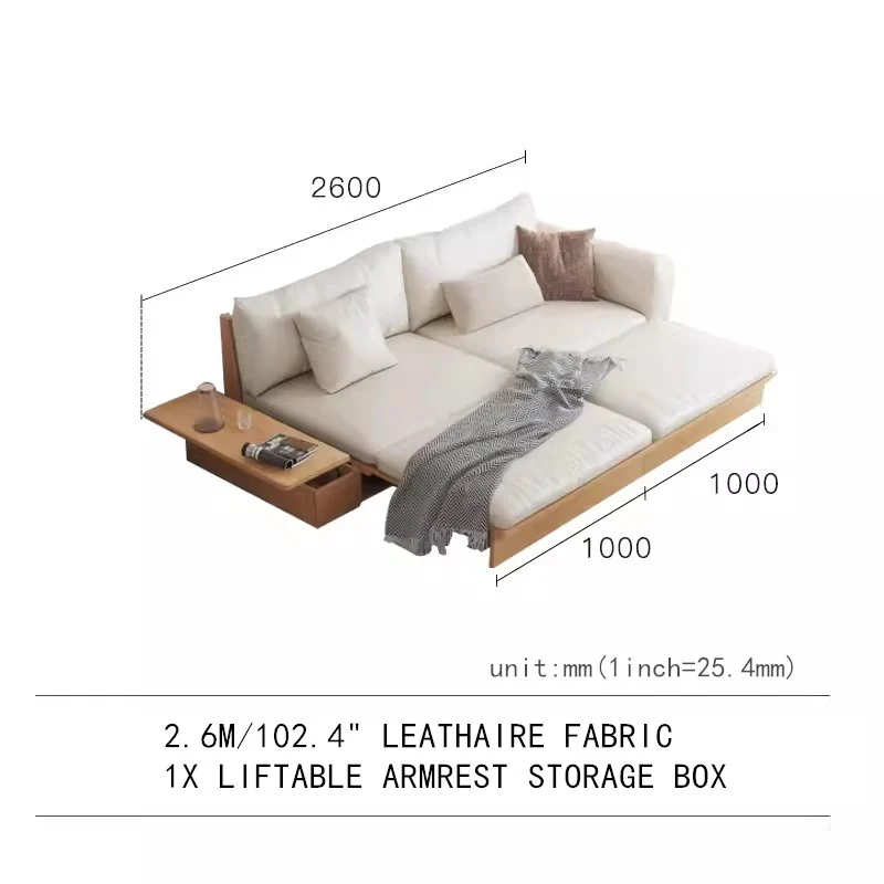 Japandi-Sofabett aus Massivholz mit anhebbarer Armlehne und Aufbewahrungsbox