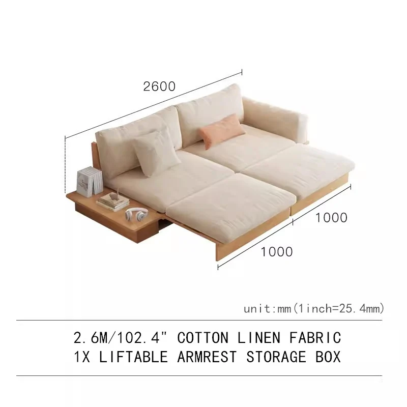 Japandi-Sofabett aus Massivholz mit anhebbarer Armlehne und Aufbewahrungsbox