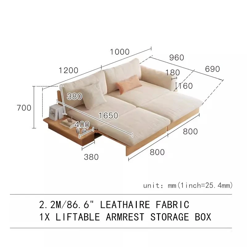 Japandi-Sofabett aus Massivholz mit anhebbarer Armlehne und Aufbewahrungsbox