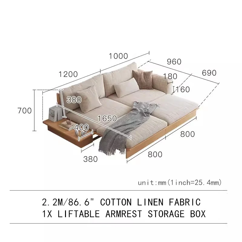 Japandi-Sofabett aus Massivholz mit anhebbarer Armlehne und Aufbewahrungsbox