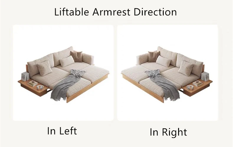 Japandi-Sofabett aus Massivholz mit anhebbarer Armlehne und Aufbewahrungsbox