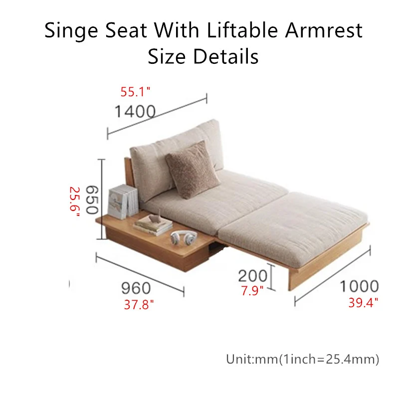 Japandi-Sofabett aus Massivholz mit anhebbarer Armlehne und Aufbewahrungsbox