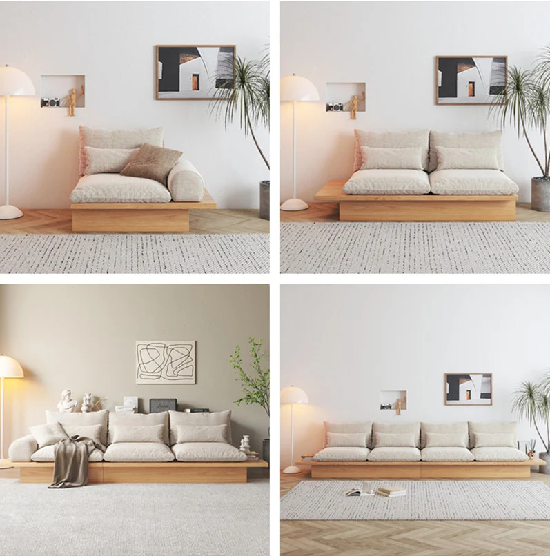 Japandi-Sofa aus Massivholz mit Stauraum darunter