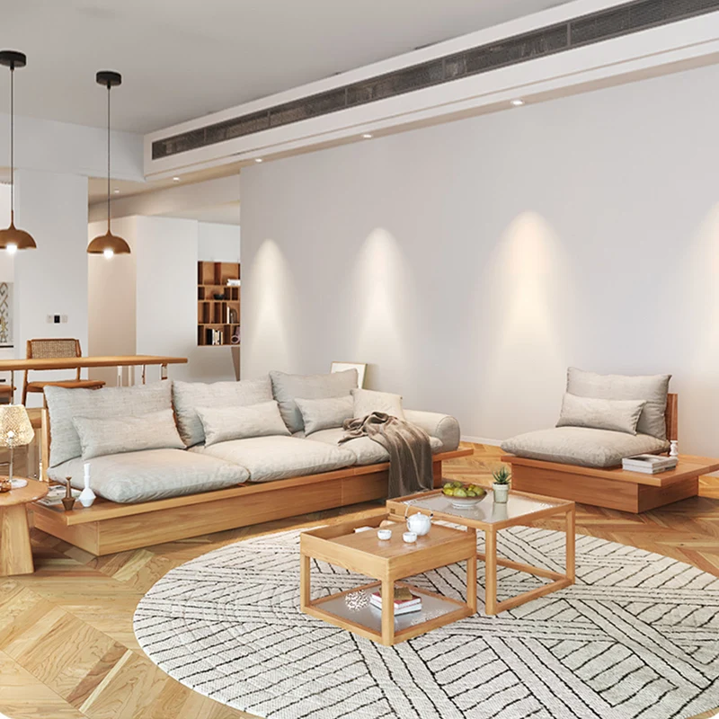 Japandi-Sofa aus Massivholz mit Stauraum darunter