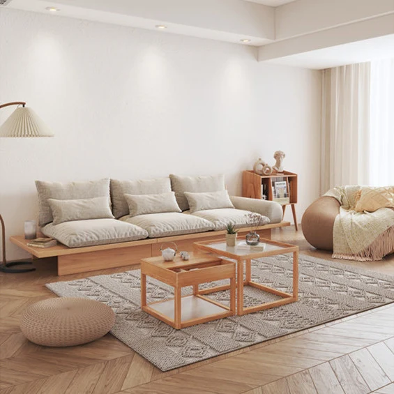 Japandi-Sofa aus Massivholz mit Stauraum darunter