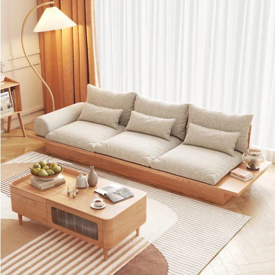 Japandi-Sofa aus Massivholz mit Stauraum darunter
