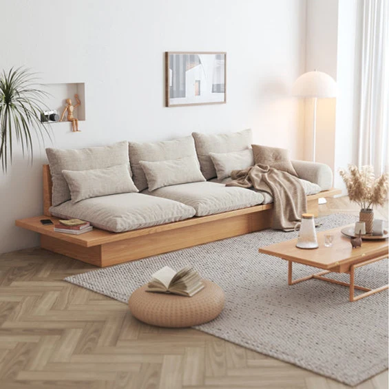 Japandi-Sofa aus Massivholz mit Stauraum darunter