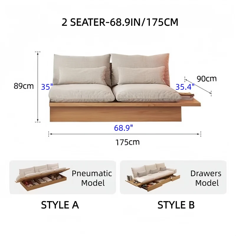 Japandi-Sofa aus Massivholz mit Stauraum darunter