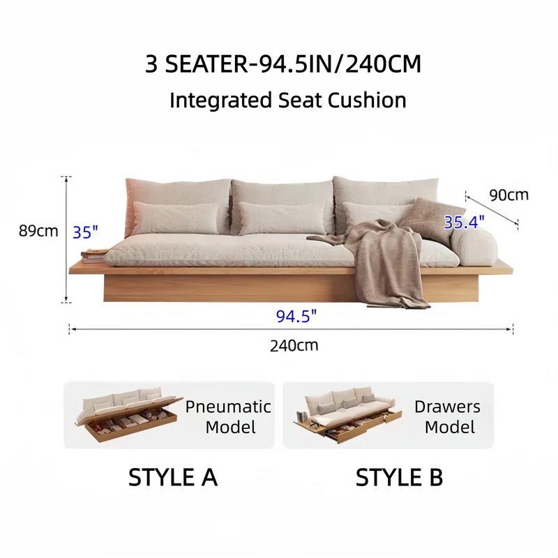 Japandi-Sofa aus Massivholz mit Stauraum darunter