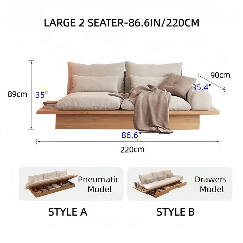 Japandi-Sofa aus Massivholz mit Stauraum darunter