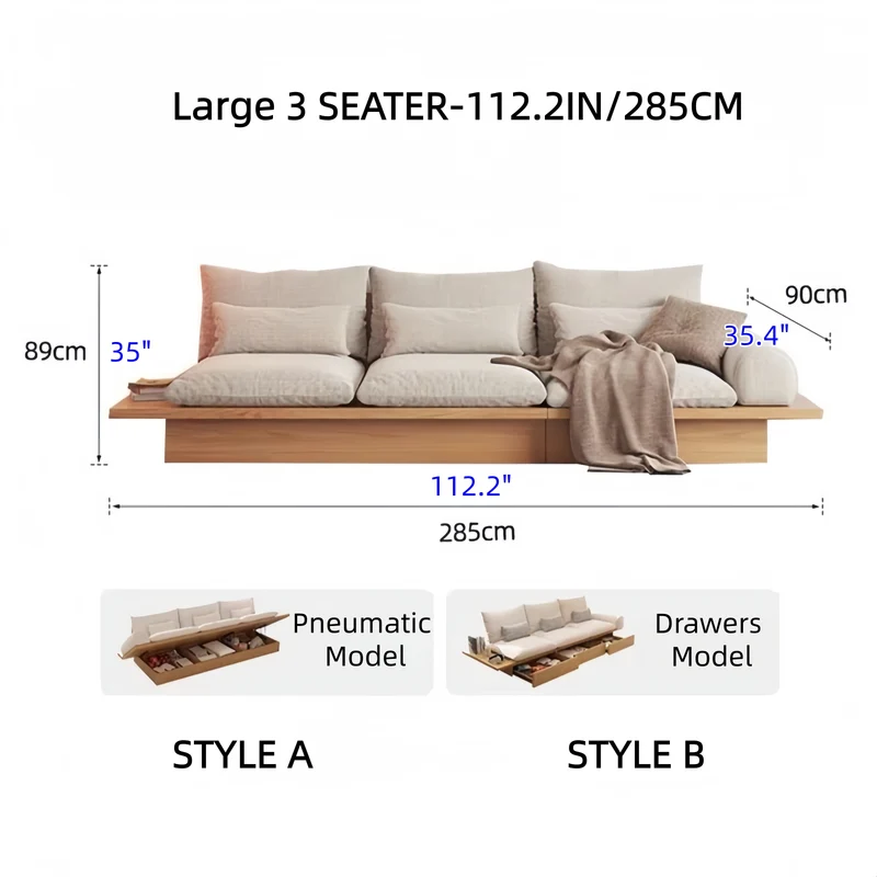 Japandi-Sofa aus Massivholz mit Stauraum darunter