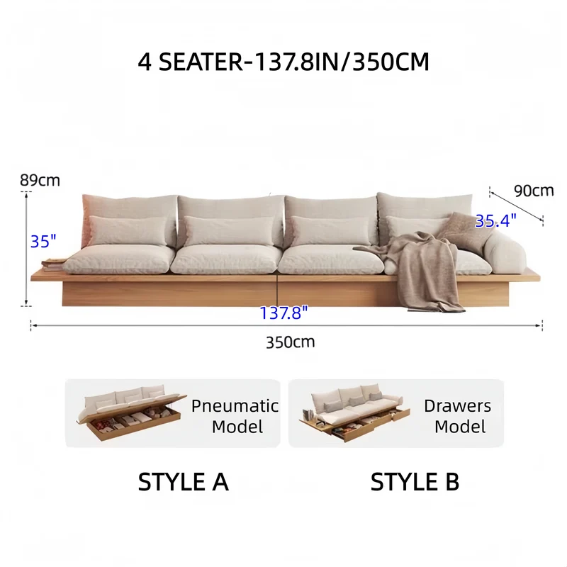 Japandi-Sofa aus Massivholz mit Stauraum darunter