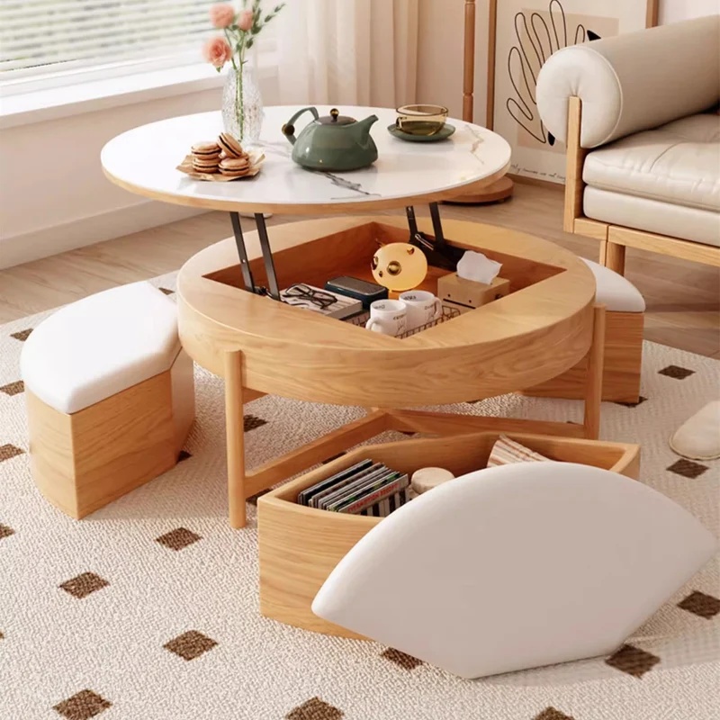 Runder Couchtisch mit Hubplatte, Stauraum und Ottomanen