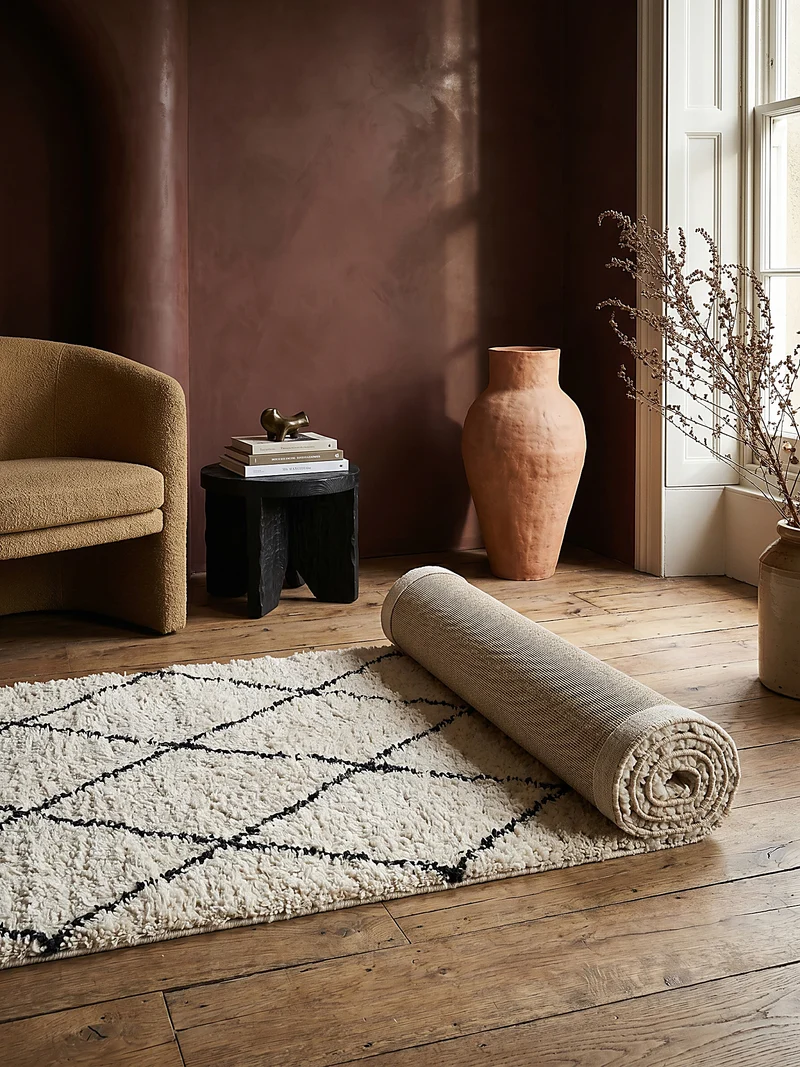 Hochflor-Teppich Berber-Rauten Schwarz-Weiß - Polypropylen, 31 mm Gesamthöhe