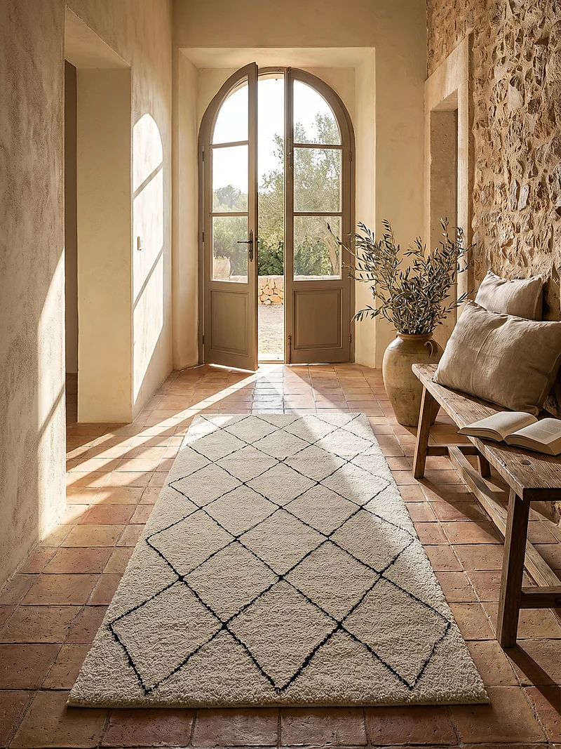 Hochflor-Teppich Berber-Rauten Schwarz-Weiß - Polypropylen, 31 mm Gesamthöhe