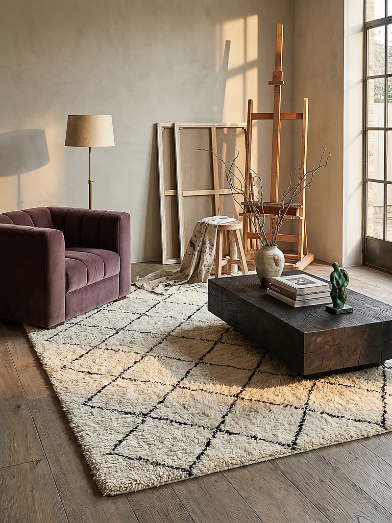 Hochflor-Teppich Berber-Rauten Schwarz-Weiß - Polypropylen, 31 mm Gesamthöhe