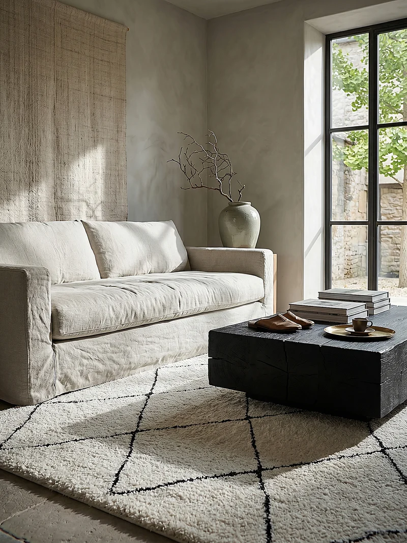 Hochflor-Teppich Berber-Rauten Schwarz-Weiß - Polypropylen, 31 mm Gesamthöhe