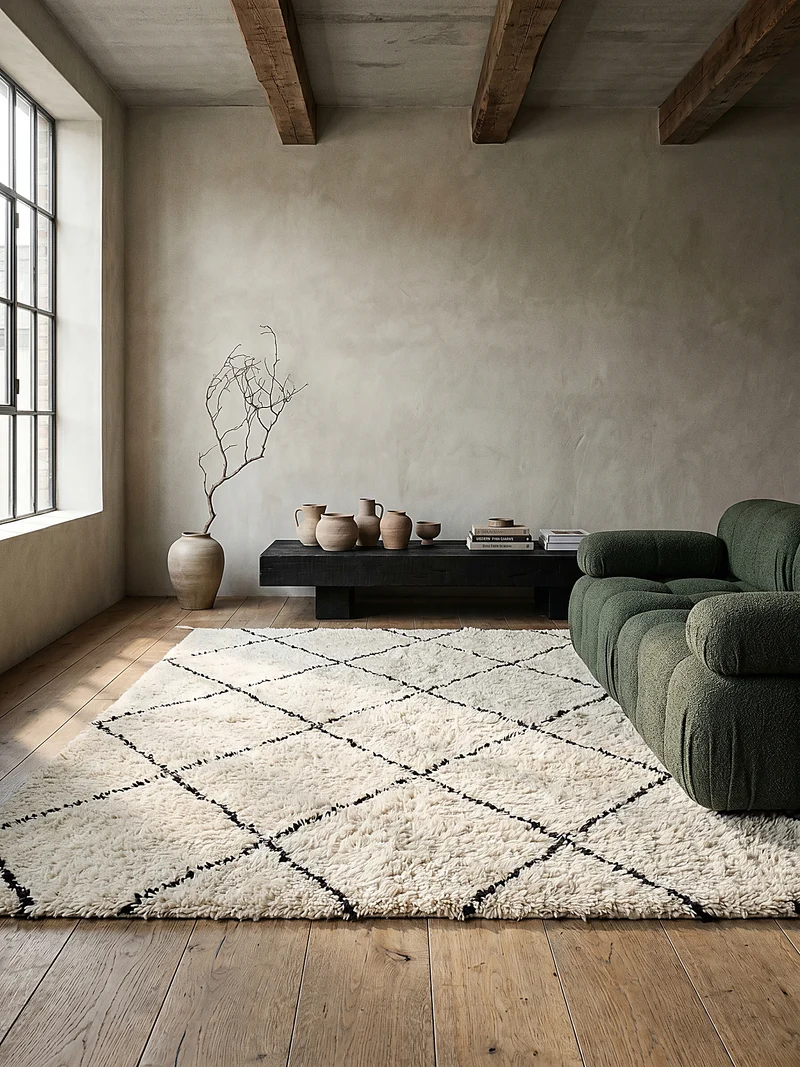 Hochflor-Teppich Berber-Rauten Schwarz-Weiß - Polypropylen, 31 mm Gesamthöhe