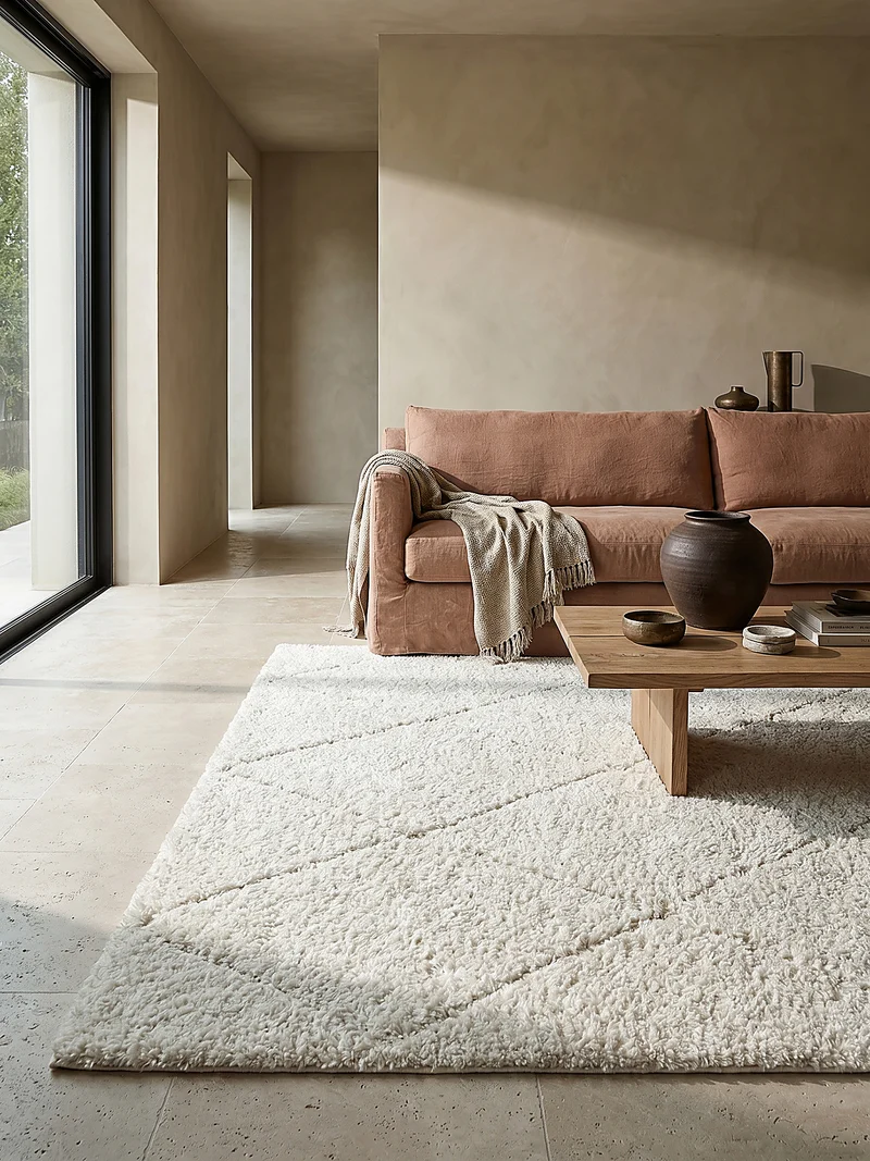 Hochflor-Teppich Berber-Rauten Schwarz-Weiß - Polypropylen, 31 mm Gesamthöhe