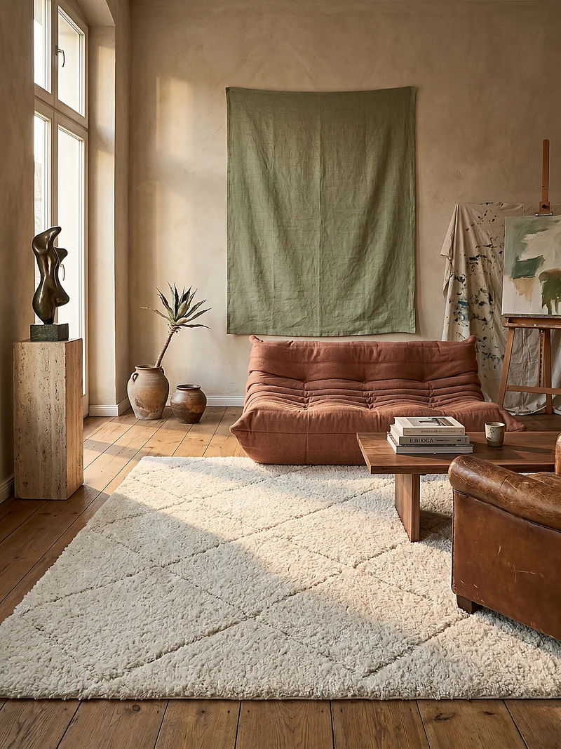 Hochflor-Teppich Berber-Rauten Schwarz-Weiß - Polypropylen, 31 mm Gesamthöhe