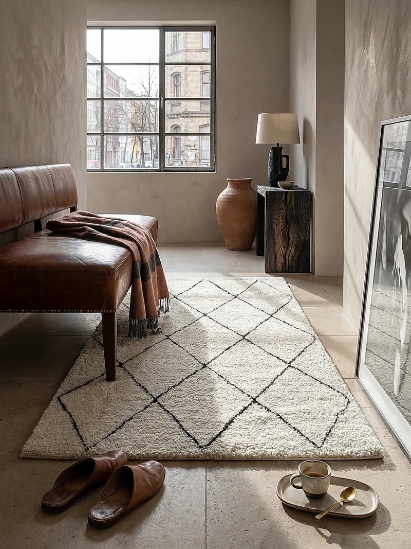 Hochflor-Teppich Berber-Rauten Schwarz-Weiß - Polypropylen, 31 mm Gesamthöhe