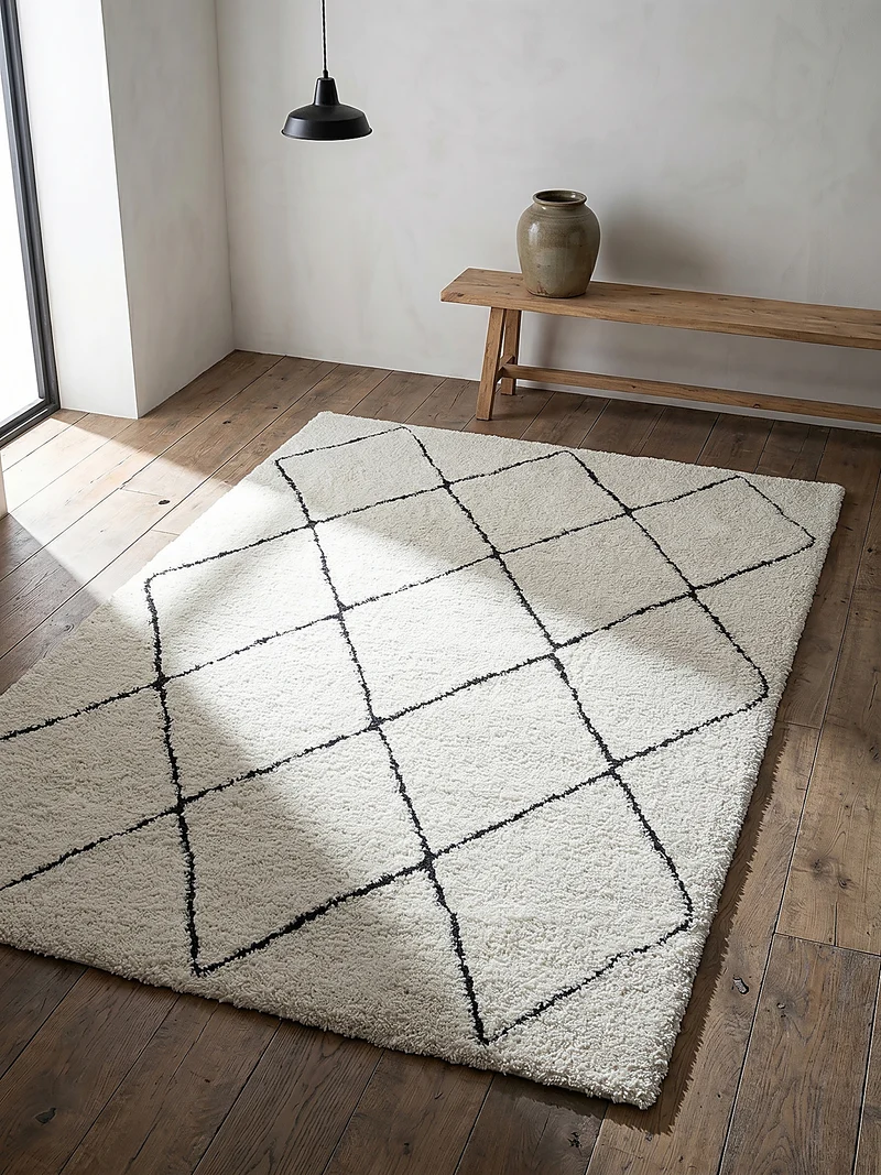 Hochflor-Teppich Berber-Rauten Schwarz-Weiß - Polypropylen, 31 mm Gesamthöhe