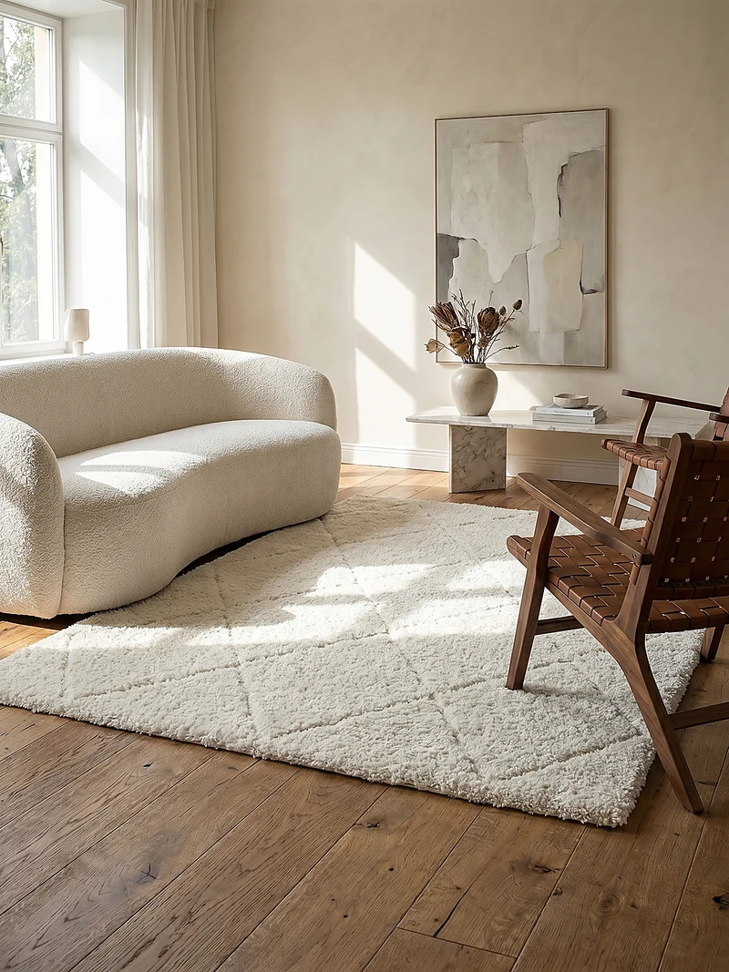 Hochflor-Teppich Berber-Rauten Schwarz-Weiß - Polypropylen, 31 mm Gesamthöhe