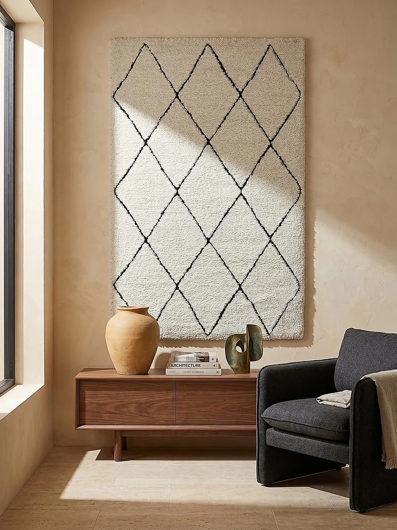 Hochflor-Teppich Berber-Rauten Schwarz-Weiß - Polypropylen, 31 mm Gesamthöhe