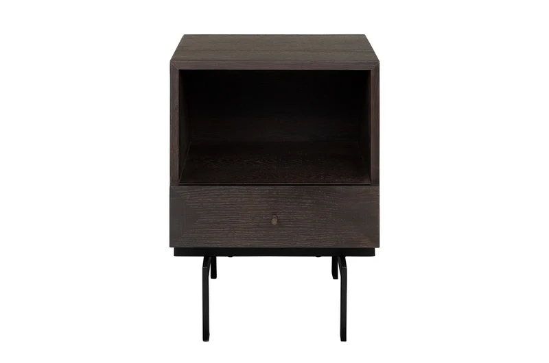 Casa Padrino Luxus Nachttisch Braun / Schwarz 45 x 40 x H. 60 cm - Nachttisch mit Eichenfurnier im warmen Braunton und schwarzem Stahlgestell - Luxus Möbel