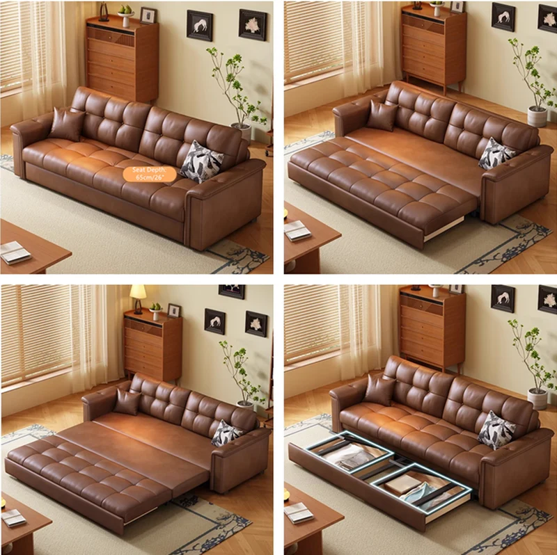 Ausziehbares Schlafsofa im Retro-Stil aus Lederstoff mit Stauraum darunter