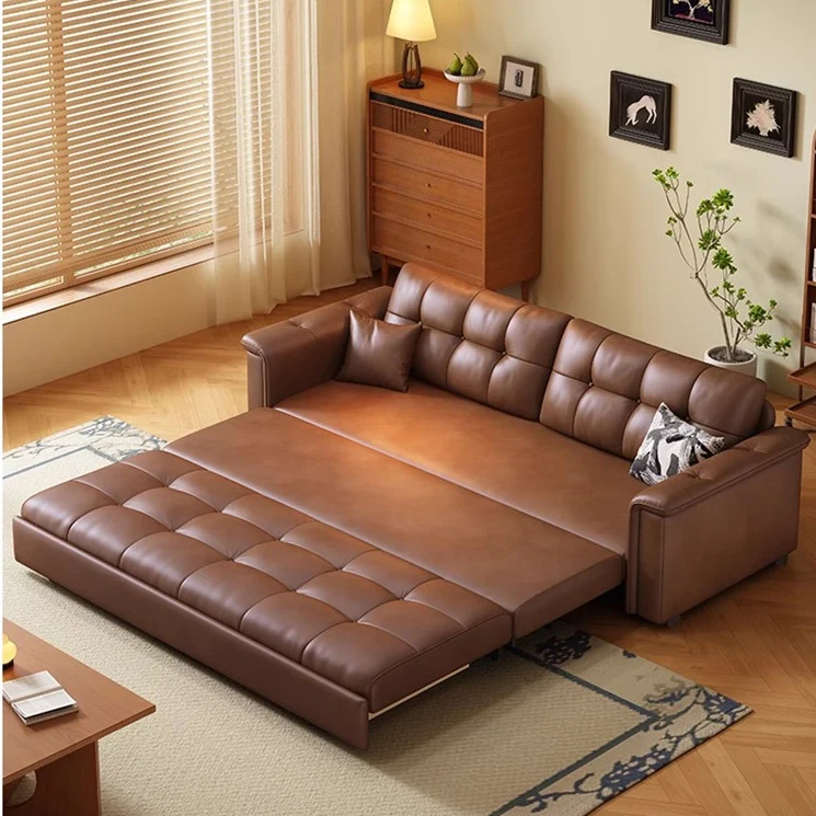 Ausziehbares Schlafsofa im Retro-Stil aus Lederstoff mit Stauraum darunter