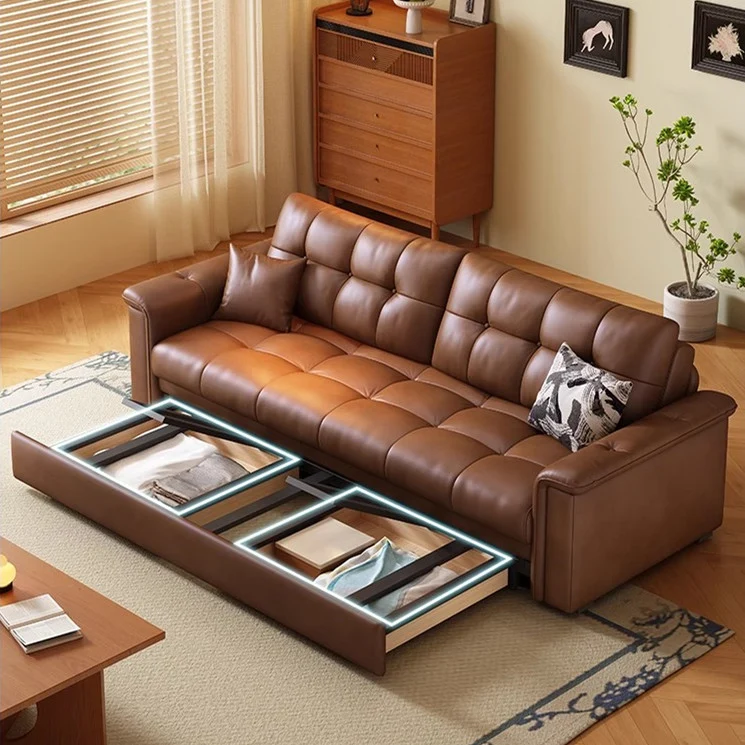 Ausziehbares Schlafsofa im Retro-Stil aus Lederstoff mit Stauraum darunter