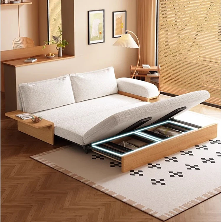 Japandi Schlafsofa aus Teddy-Plüschstoff mit Stauraum