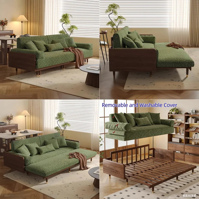 Schlafsofa aus massivem Eschenholz mit Bezug aus Chenille-Stoff mit vierblättrigem Kleeblattmuster