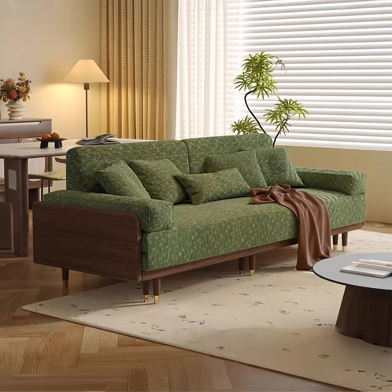 Schlafsofa aus massivem Eschenholz mit Bezug aus Chenille-Stoff mit vierblättrigem Kleeblattmuster