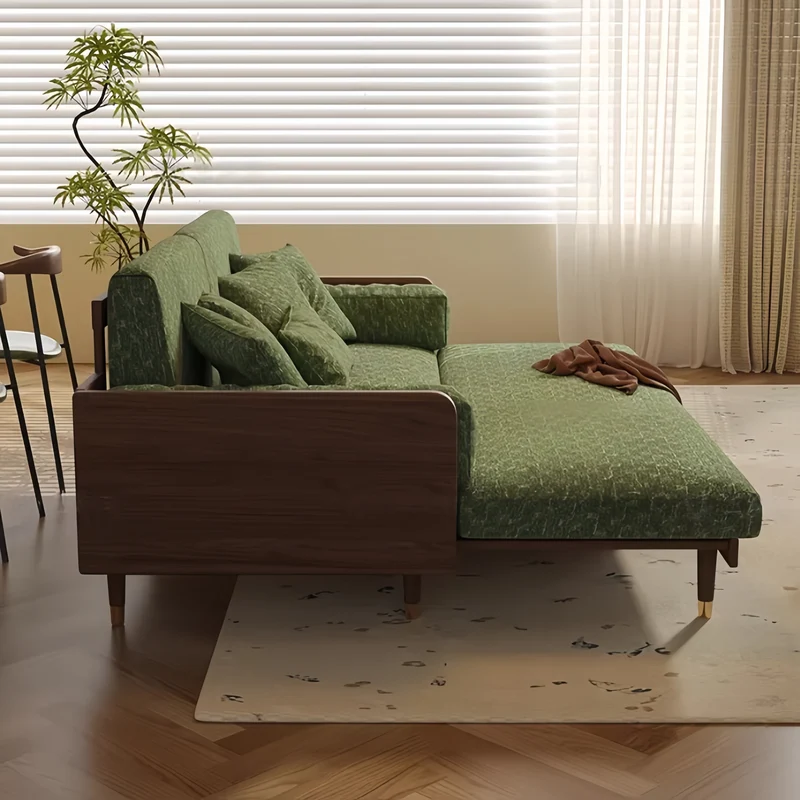 Schlafsofa aus massivem Eschenholz mit Bezug aus Chenille-Stoff mit vierblättrigem Kleeblattmuster