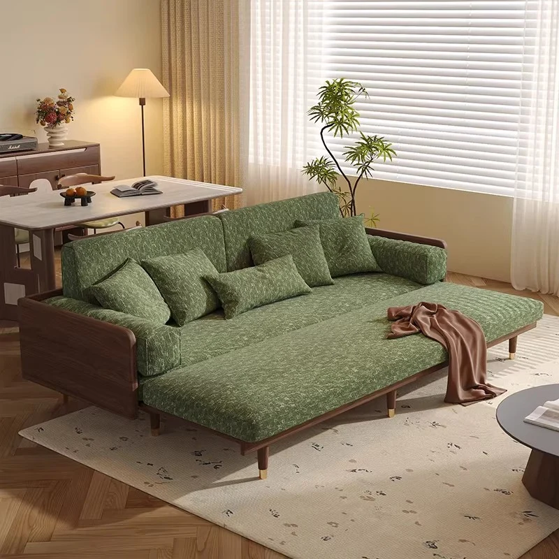 Schlafsofa aus massivem Eschenholz mit Bezug aus Chenille-Stoff mit vierblättrigem Kleeblattmuster