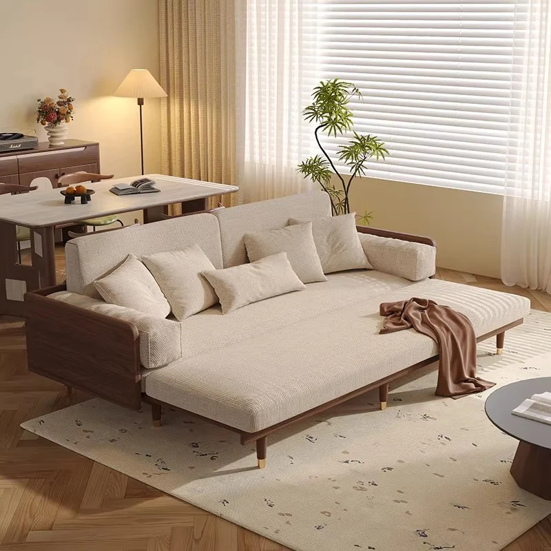 Schlafsofa aus massivem Eschenholz mit Bezug aus Chenille-Stoff mit vierblättrigem Kleeblattmuster