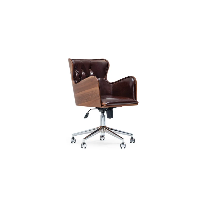 Celebrity Executive Office Chair – Tufted Brown Leather, Wood Panels