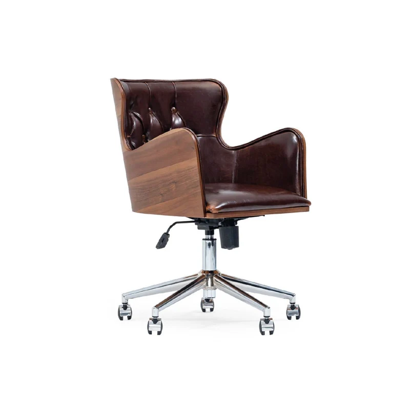 Celebrity Executive Office Chair – Tufted Brown Leather, Wood Panels