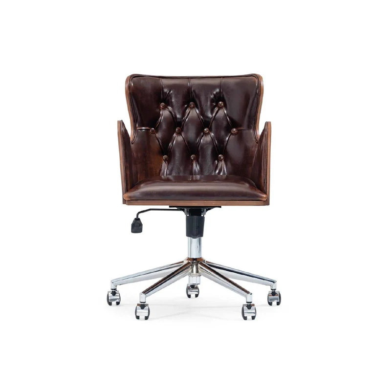 Celebrity Executive Office Chair – Tufted Brown Leather, Wood Panels