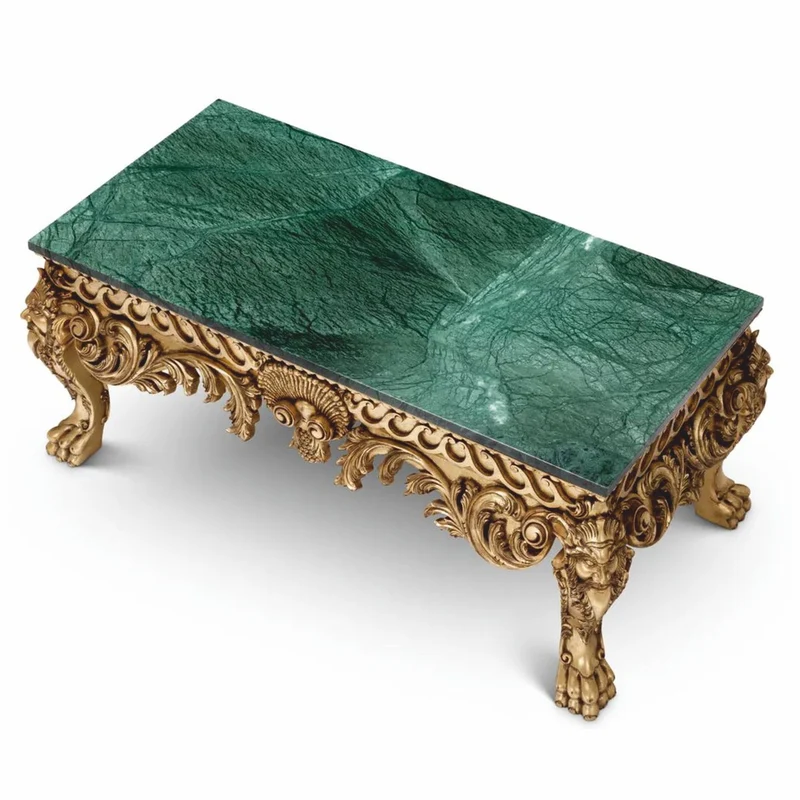 Casa Padrino Luxus Barock Mahagoni Couchtisch mit Marmorplatte Grün / Antik Gold 122 cm - Barockstil Hotel & Wohnzimmer Möbel
